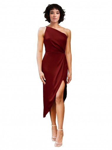 Online Borgoña Cubierta Un Hombre Midi Satén elástico Corto Formales Vestidos de dama de honor / Vestidos de fiesta / Vestidos de cóctel