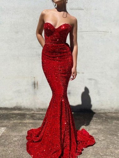 Online Borgoña Sirena Cuello de Corazón Cola corte Lentejuelas Terciopelo Largo Vestidos de fiesta