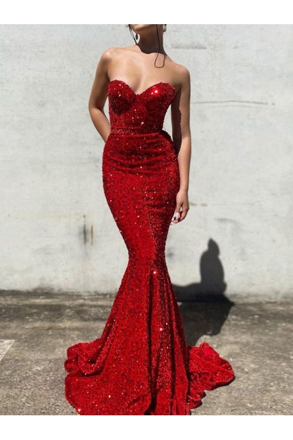 Online Borgoña Sirena Cuello de Corazón Cola corte Lentejuelas Terciopelo Largo Vestidos de fiesta