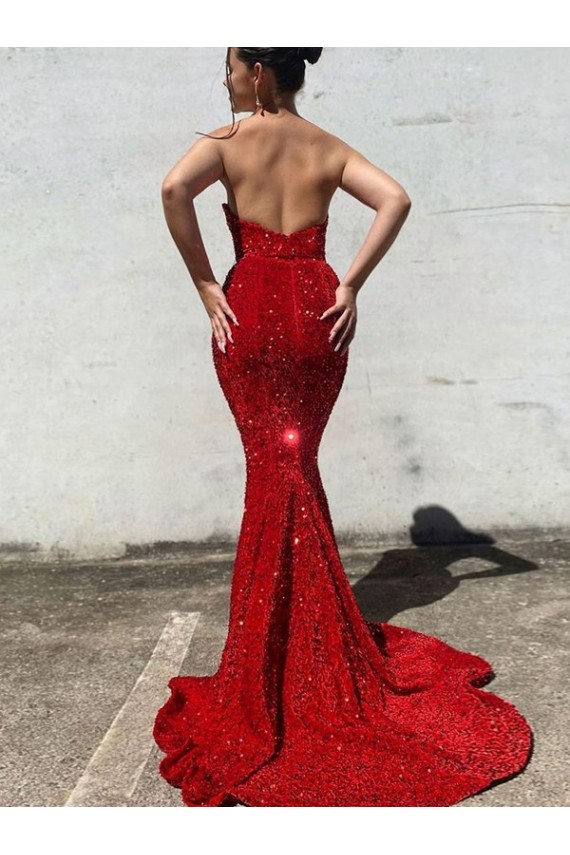 Online Borgoña Sirena Cuello de Corazón Cola corte Lentejuelas Terciopelo Largo Vestidos de fiesta