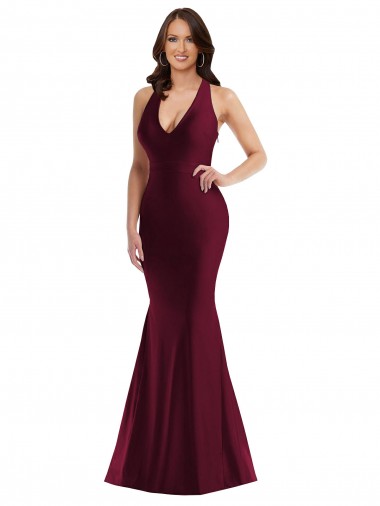 Online Borgoña Sirena Cuello en V Satén sedoso Largo Formales Vestidos de dama de honor / Vestidos de fiesta