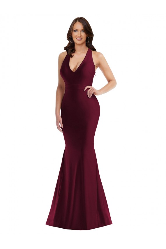 Online Borgoña Sirena Cuello en V Satén sedoso Largo Formales Vestidos de dama de honor / Vestidos de fiesta