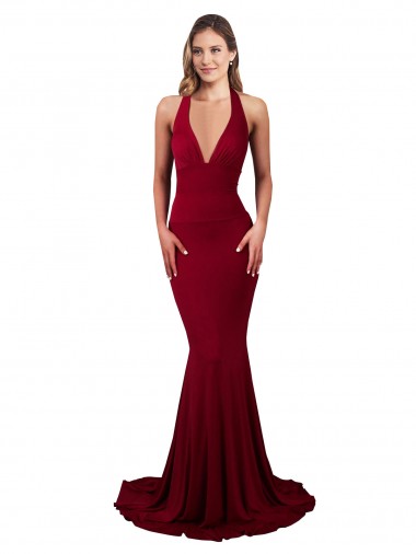 Online Borgoña Sirena Halter Cuello en V Spandex Largo Formales Vestidos de dama de honor / Vestidos de fiesta