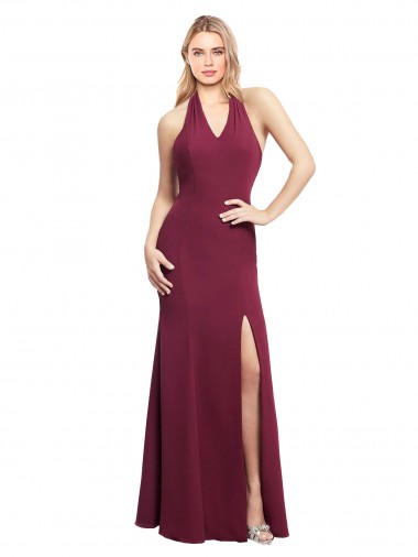 Online Borgoña Sirena Halter Gasa Largo Vestidos de dama de honor