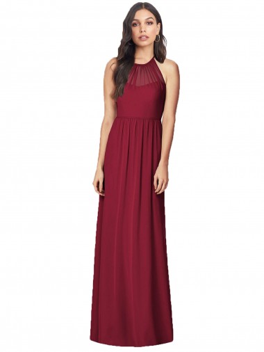 Online Borgoña Trompeta Halter Gasa Largo Vestidos de dama de honor