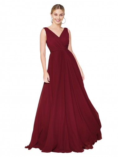 Online Borgoña línea A Cuello en V Cuello Alto Gasa Largo Formales Vestidos de dama de honor / Vestidos de fiesta