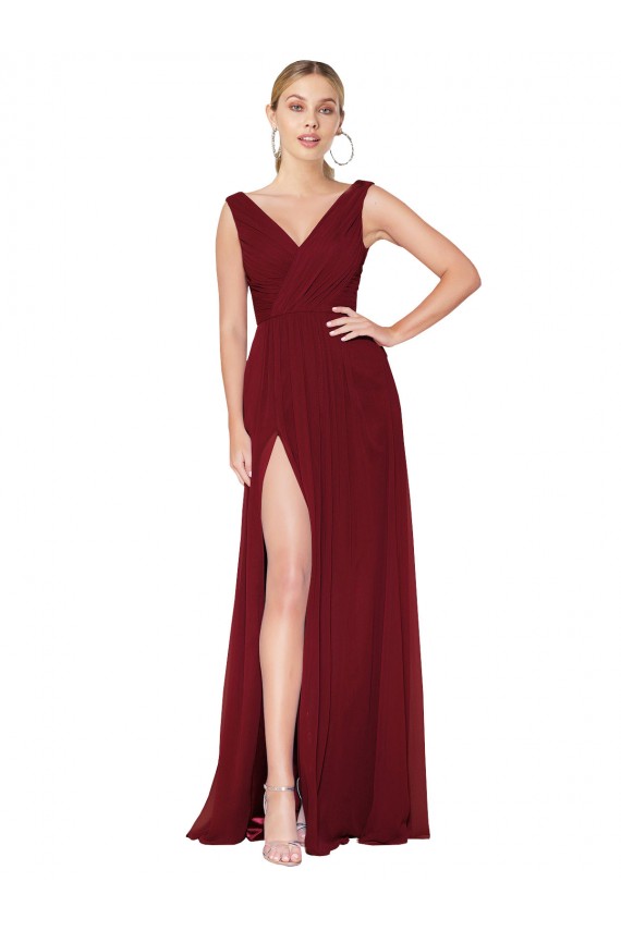 Online Borgoña línea A Cuello en V Cuello Alto Gasa Largo Formales Vestidos de dama de honor / Vestidos de fiesta