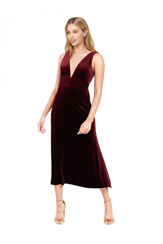 Online Borgoña línea A Cuello en V Midi Terciopelo Elástico Corto Vestidos de dama de honor / Vestidos de fiesta / Vestidos de cóctel