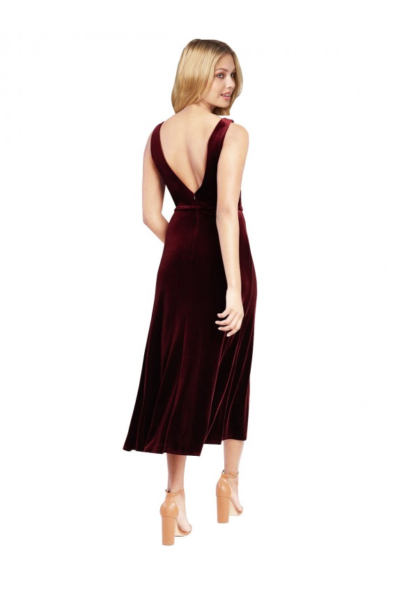 Online Borgoña línea A Cuello en V Midi Terciopelo Elástico Corto Vestidos de dama de honor / Vestidos de fiesta / Vestidos de cóctel