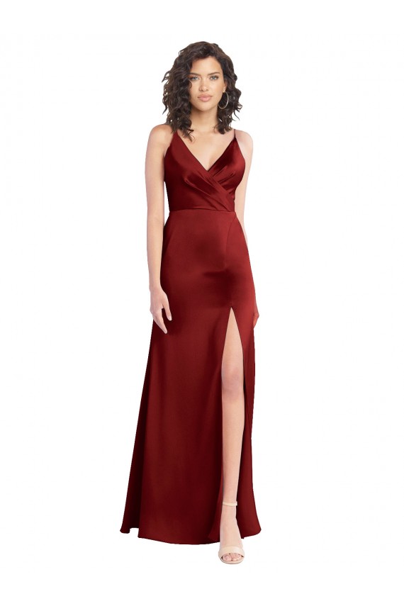 Online Borgoña línea A Cuello en V Satén elástico Largo Formales Vestidos de dama de honor / Vestidos de fiesta
