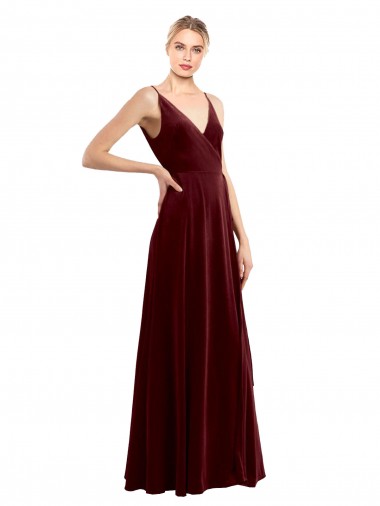 Online Borgoña línea A Cuello en V Terciopelo Elástico Largo Formales Vestidos de dama de honor / Vestidos de fiesta