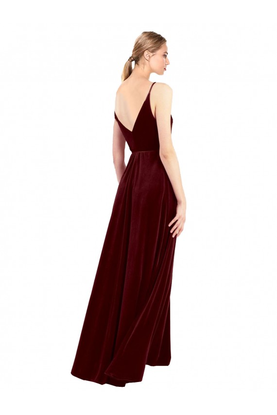 Online Borgoña línea A Cuello en V Terciopelo Elástico Largo Formales Vestidos de dama de honor / Vestidos de fiesta