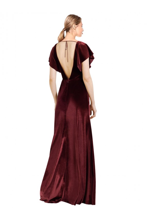 Online Borgoña línea A Cuello en V Terciopelo Elástico Largo Vestidos de dama de honor / Vestidos de fiesta