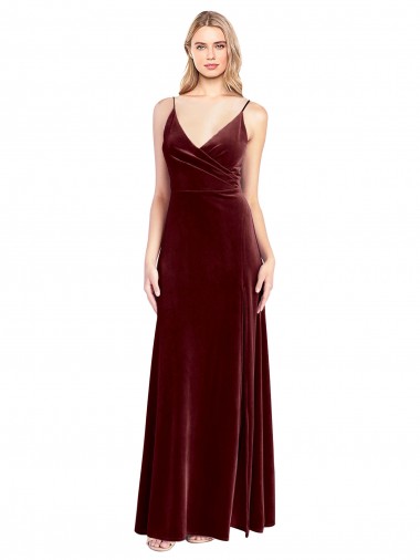 Online Borgoña línea A Cuello en V Terciopelo Elástico Largo Vestidos de dama de honor / Vestidos de fiesta