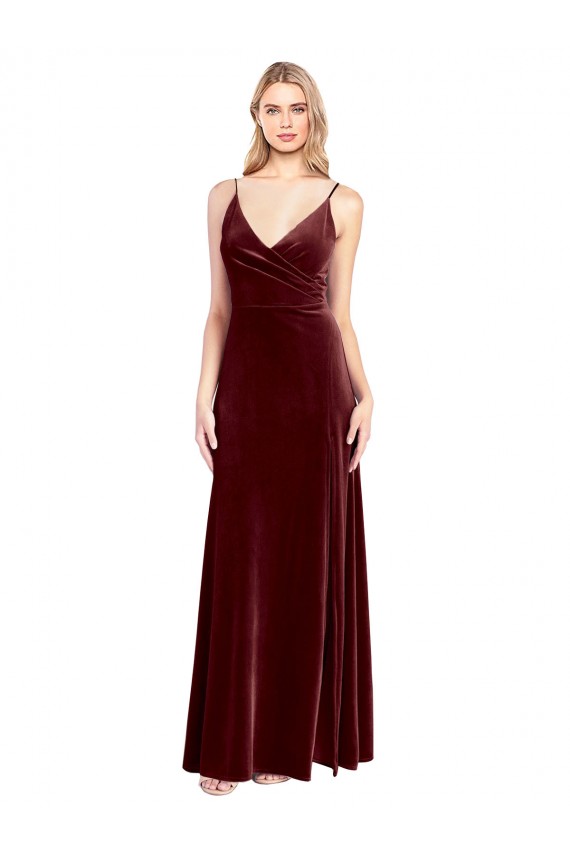 Online Borgoña línea A Cuello en V Terciopelo Elástico Largo Vestidos de dama de honor / Vestidos de fiesta