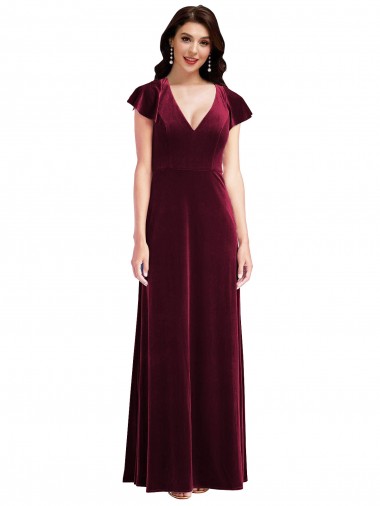 Online Borgoña línea A Cuello en V Terciopelo Elástico Largo Vestidos de dama de honor / Vestidos de fiesta