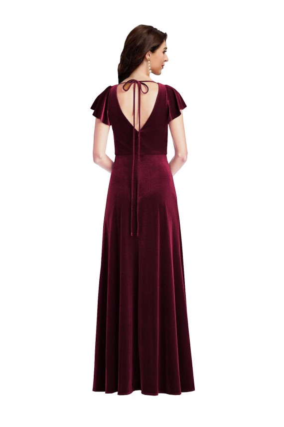 Online Borgoña línea A Cuello en V Terciopelo Elástico Largo Vestidos de dama de honor / Vestidos de fiesta