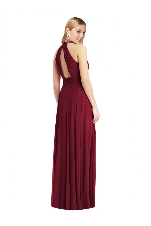 Online Borgoña línea A Halter Cuello Alto Gasa Largo Vestidos de dama de honor