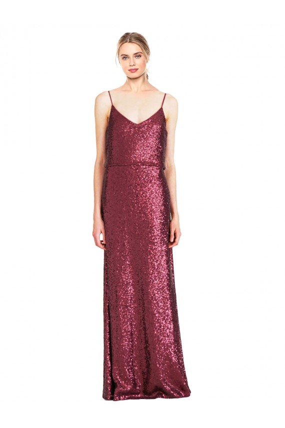 Online Borgoña línea A Halter Cuello Alto Lentejuela Largo Formales Vestidos de dama de honor / Vestidos de fiesta