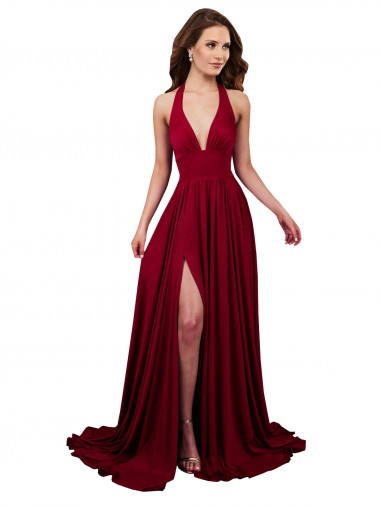 Online Borgoña línea A Halter Cuello en V Spandex Largo Formales Vestidos de dama de honor / Vestidos de fiesta