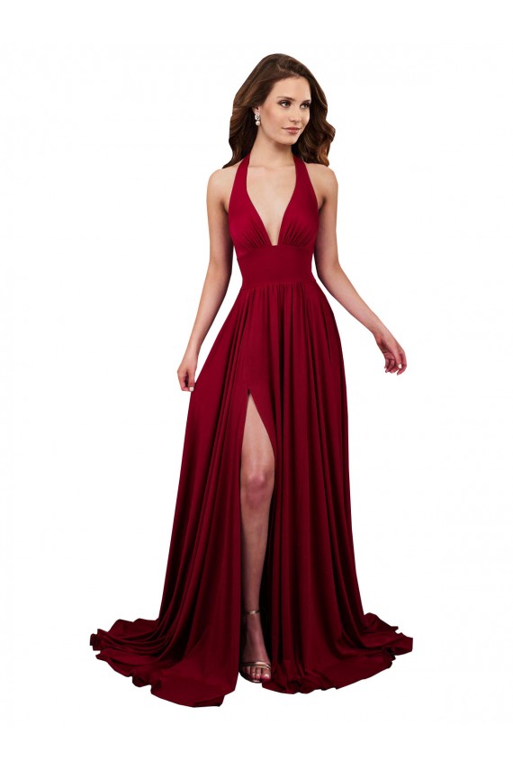 Online Borgoña línea A Halter Cuello en V Spandex Largo Formales Vestidos de dama de honor / Vestidos de fiesta