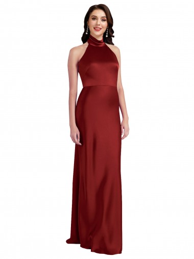 Online Borgoña línea A Halter Satén elástico Largo Formales Vestidos de dama de honor / Vestidos de fiesta