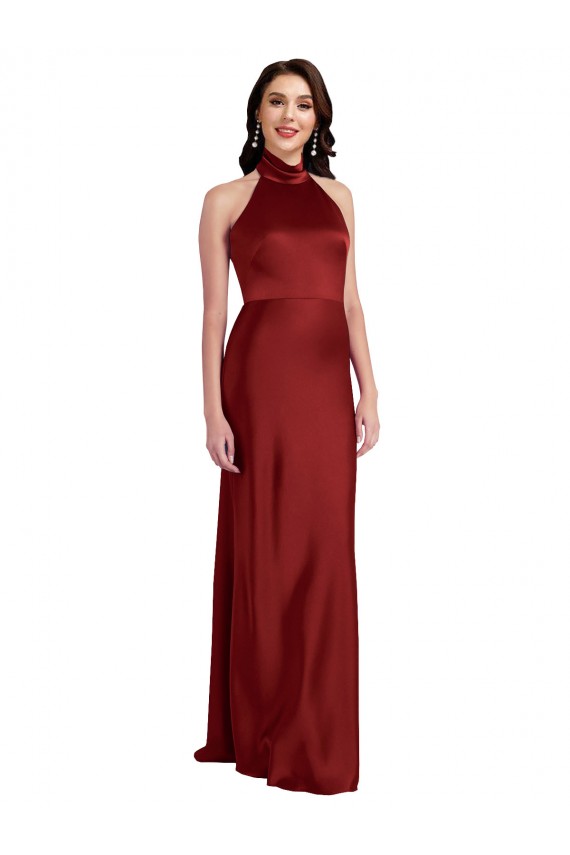 Online Borgoña línea A Halter Satén elástico Largo Formales Vestidos de dama de honor / Vestidos de fiesta