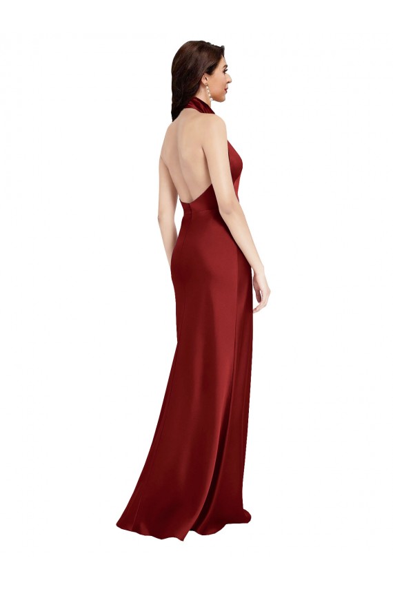 Online Borgoña línea A Halter Satén elástico Largo Formales Vestidos de dama de honor / Vestidos de fiesta