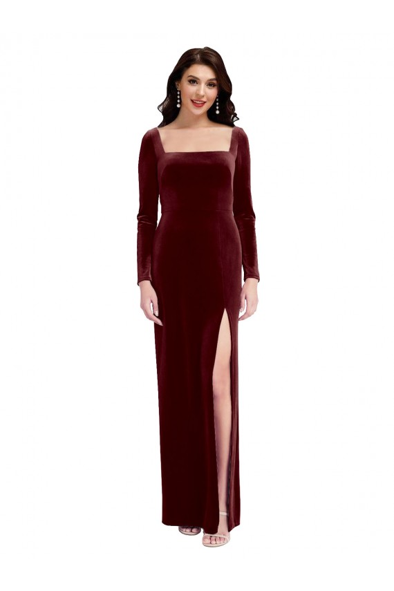 Online Borgoña línea A Tirantes espagueti Cuadrado Terciopelo Elástico Largo Vestidos de dama de honor / Vestidos de fiesta