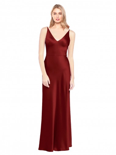 Online Borgoña línea A Tirantes espagueti Cuello en V Satén elástico Largo Formales Vestidos de dama de honor / Vestidos de fiesta