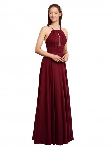 Online Borgoña línea A Tirantes espagueti Halter Gasa Largo Vestidos de dama de honor
