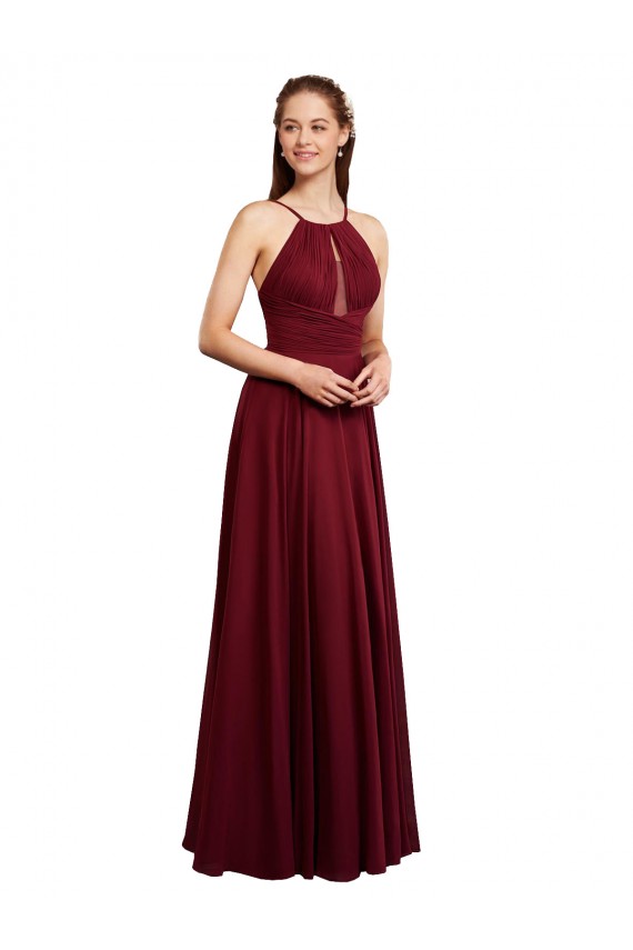 Online Borgoña línea A Tirantes espagueti Halter Gasa Largo Vestidos de dama de honor