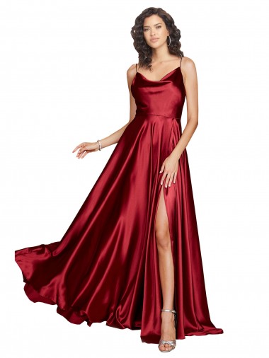 Online Borgoña línea A Tirantes espagueti Satén sedoso Largo Formales Vestidos de dama de honor / Vestidos de fiesta