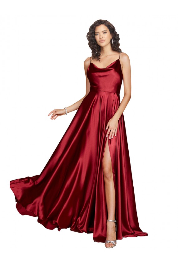 Online Borgoña línea A Tirantes espagueti Satén sedoso Largo Formales Vestidos de dama de honor / Vestidos de fiesta