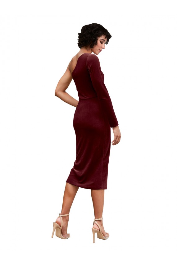 Online Borgoña línea A Un Hombre Midi Terciopelo Elástico Corto Vestidos de dama de honor / Vestidos de fiesta