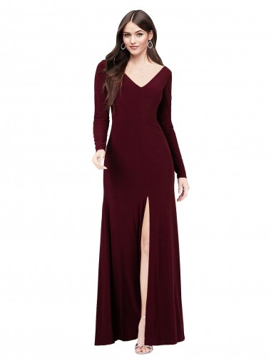 Online Borgoña oscuro Cubierta Cuello en V Spandex Largo Vestidos de dama de honor / Vestidos de fiesta