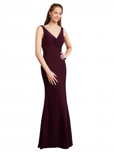Online Borgoña oscuro Sirena Cuello en V Gasa Largo Vestidos de dama de honor