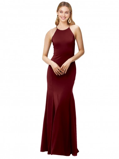 Online Borgoña oscuro Sirena Halter Cuello Alto Crepé Elástico Largo Formales Vestidos de dama de honor / Vestidos de fiesta