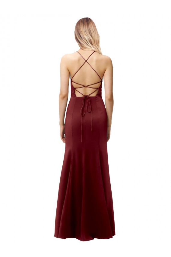 Online Borgoña oscuro Sirena Halter Cuello Alto Crepé Elástico Largo Formales Vestidos de dama de honor / Vestidos de fiesta