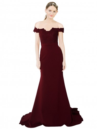 Online Borgoña oscuro Sirena Hombros Descubiertos Barrer tren Crepé Elástico Encaje Largo Formales Vestidos de dama de honor / Vestidos de fiesta