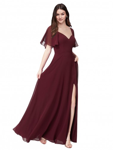 Online Borgoña oscuro línea A Cuello de Corazón Gasa Largo Vestidos de dama de honor