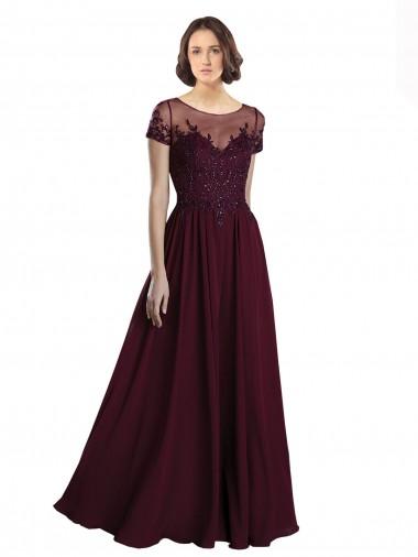 Online Borgoña oscuro línea A Cuello joya Tul Gasa Largo Vestidos de dama de honor