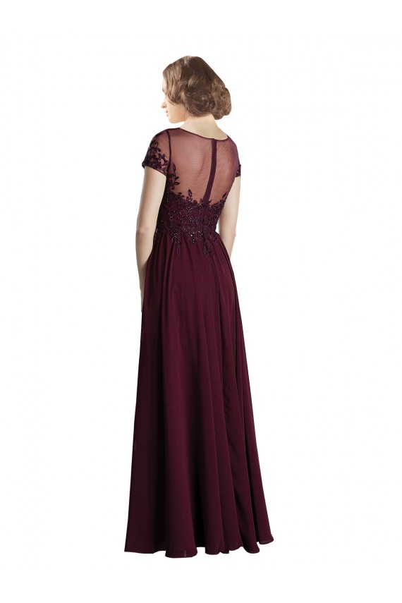Online Borgoña oscuro línea A Cuello joya Tul Gasa Largo Vestidos de dama de honor