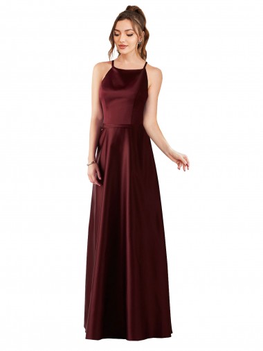 Online Borgoña oscuro línea A Halter Satén Largo Vestidos de dama de honor / Vestidos de fiesta