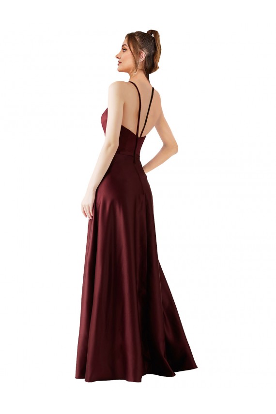 Online Borgoña oscuro línea A Halter Satén Largo Vestidos de dama de honor / Vestidos de fiesta
