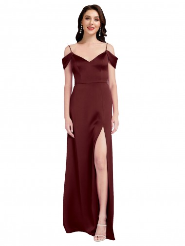 Online Borgoña oscuro línea A Hombros Descubiertos Cuello en V Satén elástico Largo Formales Vestidos de dama de honor / Vestidos de fiesta