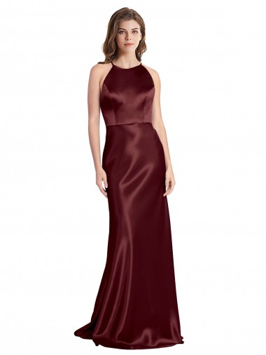 Online Borgoña oscuro línea A Tirantes espagueti Cuello en V Satén elástico Largo Formales Vestidos de dama de honor / Vestidos de fiesta