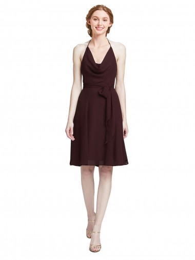 Online Borgoña oscuro línea A Tirantes espagueti Halter Gasa Corto Vestidos de dama de honor / Vestidos de cóctel