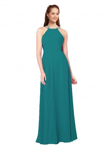 Online Cazador Verde Cubierta Cuello Alto Gasa Largo Vestidos de dama de honor