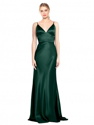 Online Cazador Verde Cubierta Tirantes espagueti Cuello en V Cuello Alto Satén elástico Largo Formales Vestidos de dama de honor / Vestidos de fiesta